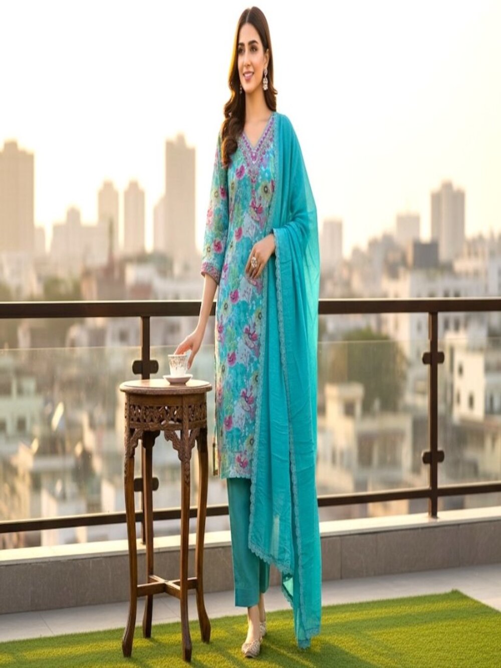 Teal Floral Printed Georgette Salwar Set